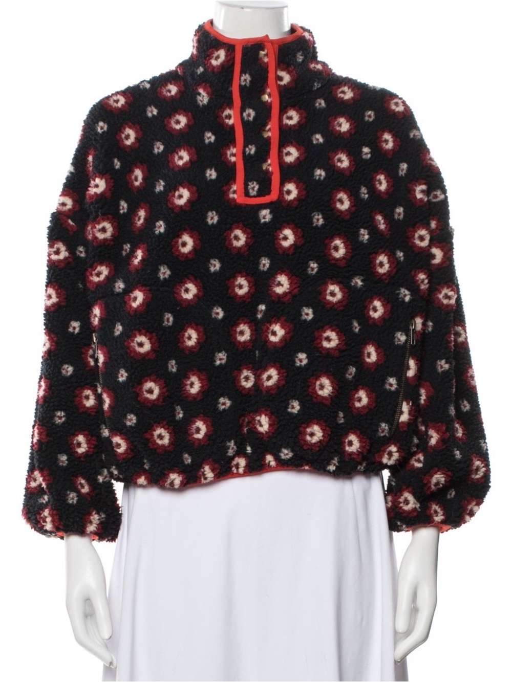 THE GREAT. Black Sherpa Pullover with Red Floral Dot Pattern